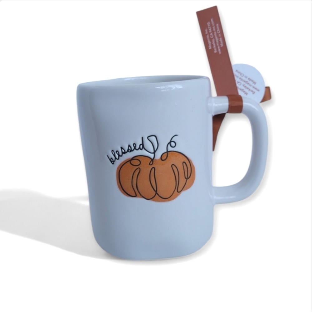 NWT Rae Dunn BLESSED Thanksgiving Mug with Pumpkin white and orange